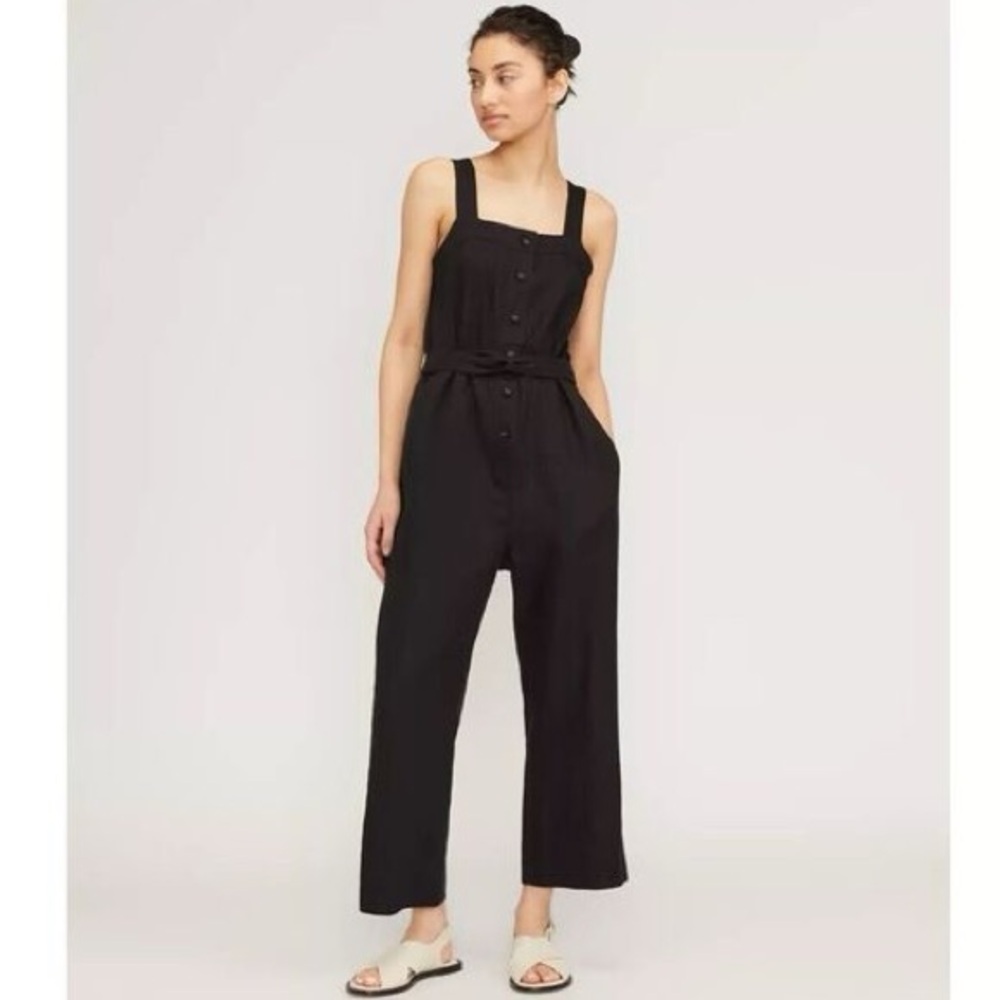 EVERLANE The Linen Picnic Jumpsuit Black Sleeveless Button-Up Size 8 - Picture 1 of 12